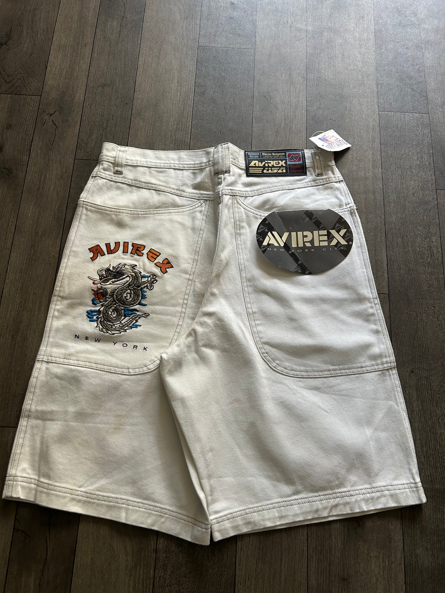 1997 Avirex New York Dragon Embroidery Denim Shorts