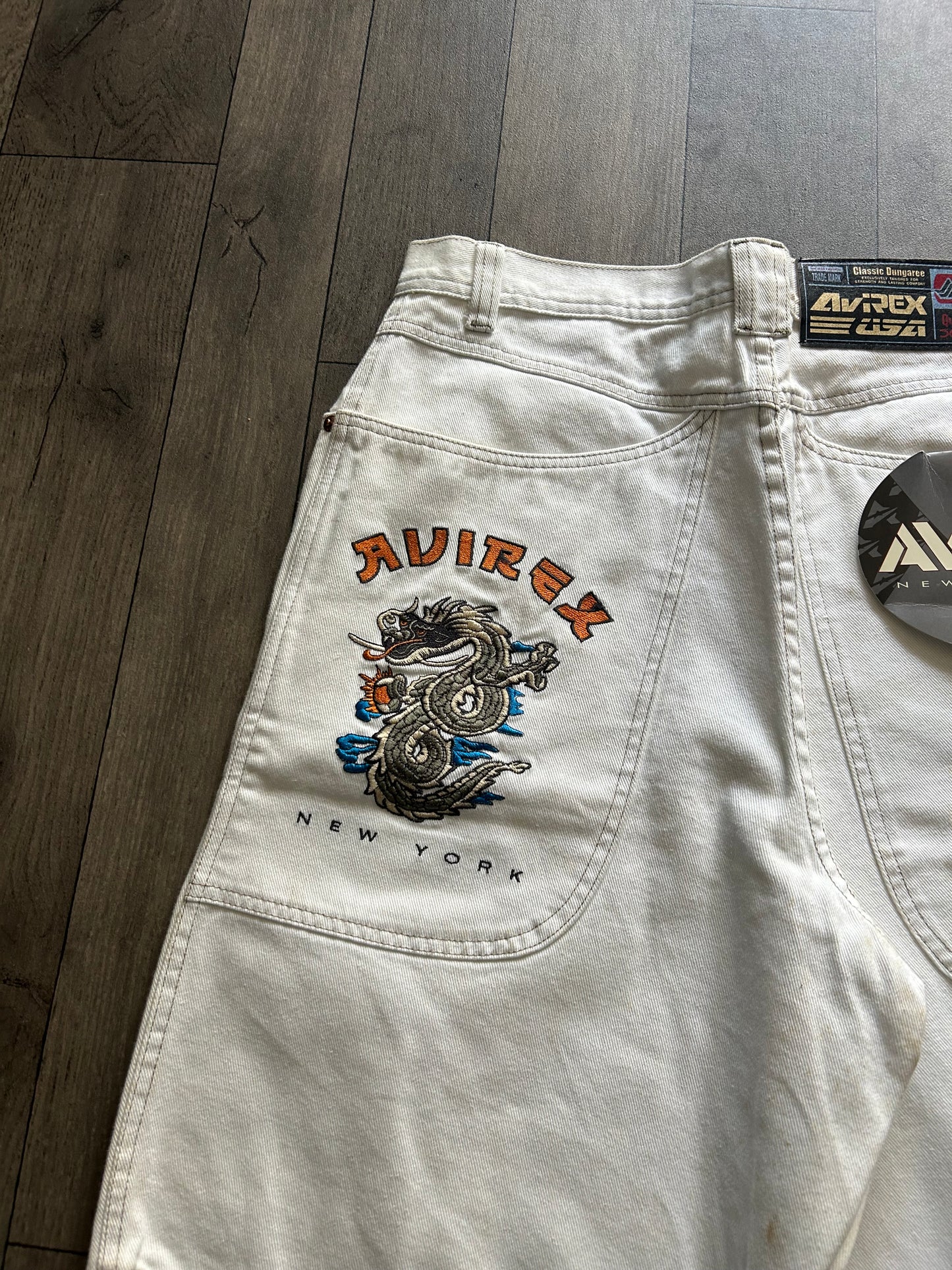 1997 Avirex New York Dragon Embroidery Denim Shorts