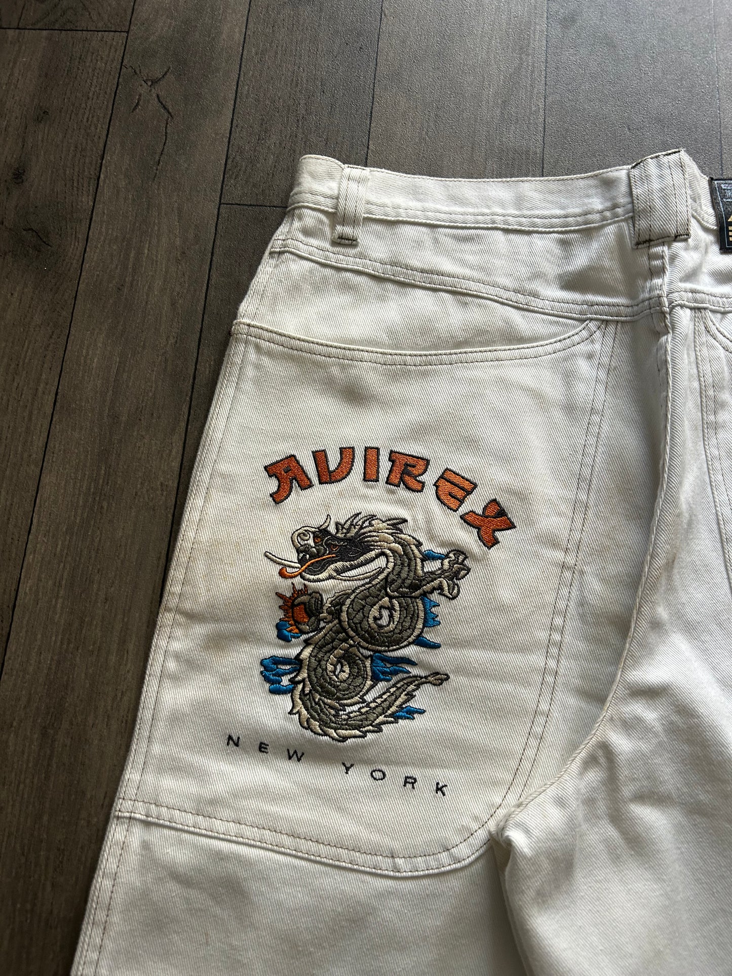 1997 Avirex New York Dragon Embroidery Denim Shorts